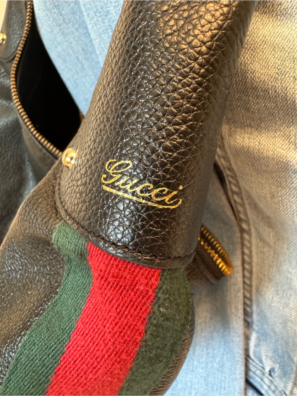 Gucci Black Crescent Bag w/Green & Red Stripe & Gold Bamboo Rings - Picture 12 of 13